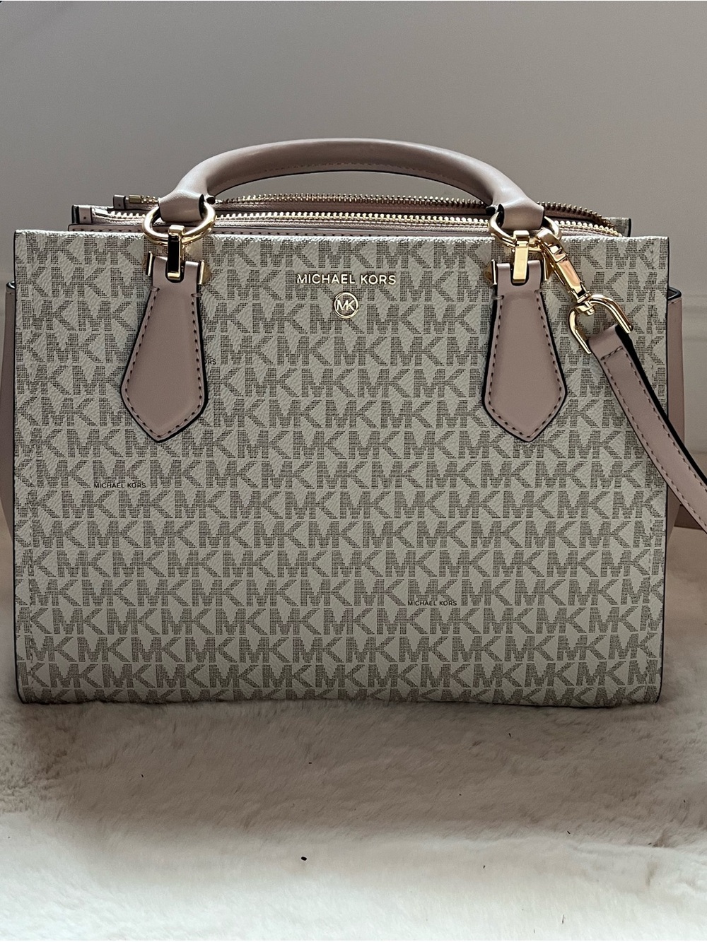 Michael Kors Beige/Taupe MK Signature Satchel with Gold Hardware
